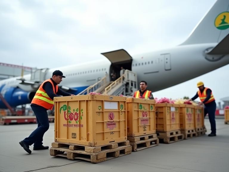 空港での花材荷下ろし